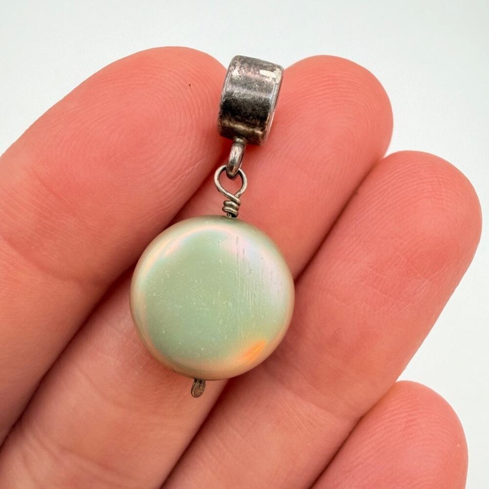 Vintage 925 Sterling Silver Round Iridescent Blister Pearl Slider Charm Pendant
